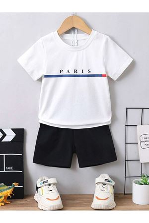 Paris Pamuklu Çocuk Takım - Beyaz T-shirt Siyah Şort Baskılı Kız Erkek Çocuk Yazlık Bisiklet Yaka