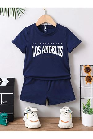 Losangeles Cıtyofangels Baskılı Lacivert Çocuk Şort T-shirt Takım-çocuk Yazlık Bisiklet Yaka