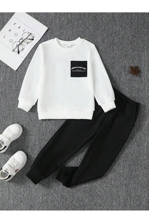 California Pamuk Çocuk Takım - Beyaz Sweatshirt Siyah Jogger Baskılı Kız Erkek Çocuk Bisiklet Yaka