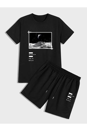 Moon T-shirt Şort - Siyah Alt Üst Kombin Şort Tişört Takım Baskılı Oversize Bisiklet Yaka
