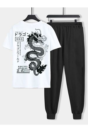 Dragon Beyaz T-shirt Siyah Eşofman Altı Jogger- Baskılı Alt Üst Eşofman Takım Oversize Bisiklet Yak