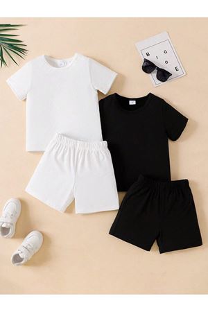 2'li Çocuk Takım T-shirt Şort- Siyah Beyaz 2'li Takım Baskısız Çocuk Yazlık Bisiklet Yaka