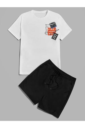 Find Your Way T-shirt Şort - Beyaz Siyah Alt Üst Takım Şort Tişört Kombin Baskılı Bisiklet Yaka