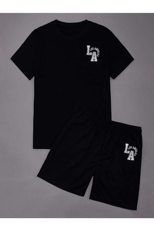 La Los Angeles T-shirt Şort - Siyah Alt Üst Kombin Şort Tişört Takım Baskılı Oversize Bisiklet Yaka