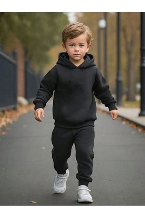 Düz Renk Siyah Pamuk Çocuk Kapüşonlu Takım - Jogger Baskılı Kız Erkek Çocuk