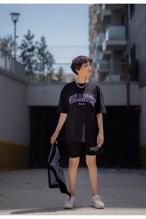 Welness T-shirt Şort - Siyah Alt Üst Kombin Şort Tişört Takım Baskılı Oversize Bisiklet Yaka