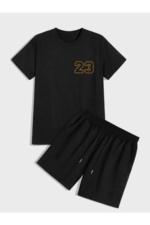 23 Sayılı T-shirt Şort - Siyah Alt Üst Takım Şort Tişört Kombin Baskılı Bisiklet Yaka
