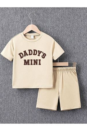 Daddys Mini Baskılı Pamuklu Çocuk Bej Çocuk Şort T-shirt Takım-kız Erkek Çocuk Yazlık Bisiklet Yaka