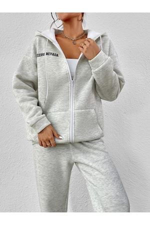 Sirra Newada Hırka Eşofman Altı Jogger- Gri Alt Üst Kombin Takım Baskılı Oversize Kapüşonlu