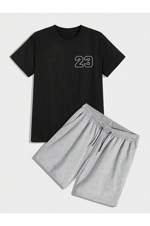 23 Sayılı T-shirt Şort - Siyah Gri Alt Üst Takım Şort Tişört Kombin Baskılı Bisiklet Yaka