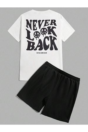 Never Look Back T-shirt Şort - Beyaz Siyah Alt Üst Takım Şort Tişört Kombin Baskılı Bisiklet Yaka