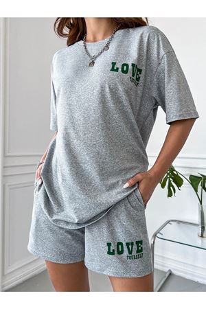 Love T-shirt Şort  Gri 2'li Kombin Şort Tişört Takım Baskılı Oversize Bisiklet Yaka