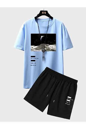 Moon T-shirt Şort - Bebe Mavi Siyah Alt Üst Kombin Şort Tişört Takım Baskılı Oversize Bisiklet Yaka