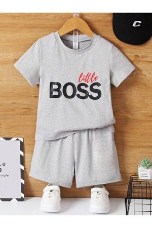 Little Boss Baskılı Pamuklu Çocuk Gri Şort T-shirt Takım-kız Erkek Çocuk Yazlık Bisiklet Yaka