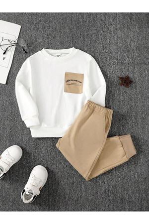 California Pamuk Çocuk Takım - Beyaz Sweatshirt Bej Jogger Baskılı Kız Erkek Çocuk Bisiklet Yaka