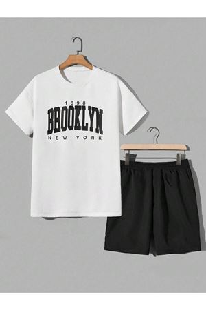 1898 Brooklyn T-shirt Şort - Beyaz Siyah Alt Üst Takım Şort Tişört Kombin Baskılı Bisiklet Yaka