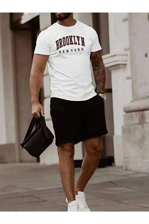 Brooklyn New York T-shirt Şort - Beyaz Siyah Alt Üst Takım Şort Tişört Kombin Baskılı Bisiklet Yaka