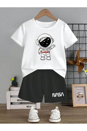 Nasa Pamuk Çocuk Takım - Siyah Şort Beyaz T-shirt Baskı Kız Erkek Çocuk Yazlık Bisiklet Yaka