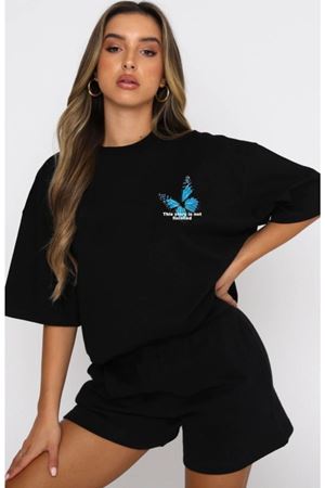 Kelebek T-Shirt Şort - Siyah Alt Üst Kombin Şort Tişört Takım Baskılı Oversize Bisiklet Yaka