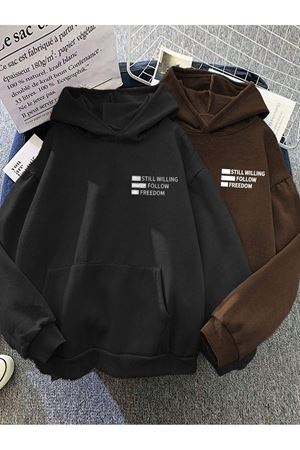 2'Li Still Freedom Kalın Kışlık Sweatshirt - Siyah Kahverengi Baskılı Oversize Kapüşonlu