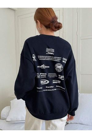 Direction Try Sweatshirt - Lacivert Baskılı Oversize Kalın Kışlık Bisiklet Yaka