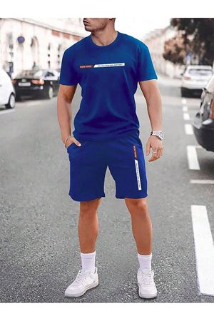 Newyork Çizgi T-Shirt Şort - Saxs Alt Üst Kombin Şort Tişört Takım Baskılı Oversize Bisiklet Yaka