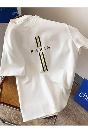 Paris Üç Çizgi Süprem T-Shirt - Beyaz  Oversize Bisiklet Yaka Kısa Kol Tişört