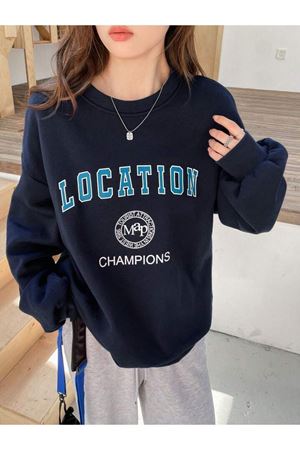 Location Champions Sweatshirt - Lacivert Baskılı Oversize Kalın Kışlık Bisiklet Yaka