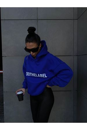 Mood The Label Sweatshirt - Sax Mavi Baskılı Oversize Kalın Kışlık Kapüşonlu