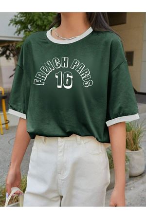 French Paris Parçalı Süprem T-Shirt - Yeşil  Oversize Bisiklet Yaka Kısa Kol Tişört