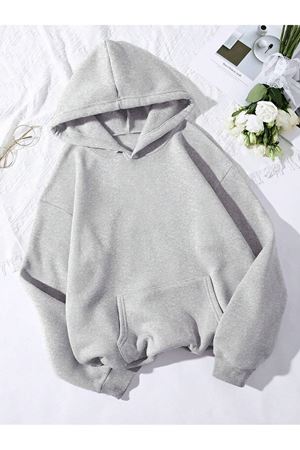 Düz Basic Sweatshirt - Gri Oversize Kapüşonlu