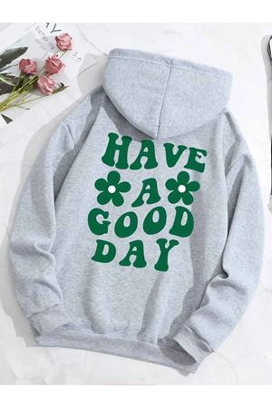 Papatya Good Day Sweatshirt - Gri Baskılı Oversize Kalın Kışlık Kapüşonlu