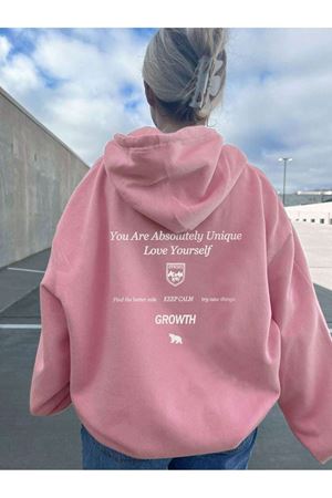 Growth Keep Calm Sweatshirt - Pembe Baskılı Oversize Kalın Kışlık Kapüşonlu
