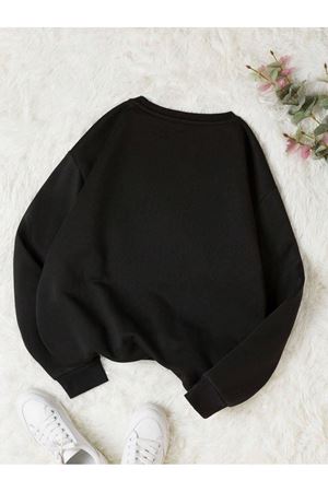 Surprise Bear Sweatshirt - Siyah Baskılı Oversize Kalın Kışlık Bisiklet Yaka