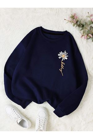 Çiçek Desen Sweatshirt - Lacivert Baskılı Oversize Kalın Kışlık Bisiklet Yaka