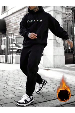 Fresh Eşofman Takımı Sweatshirt Jogger - Siyah Baskılı Şardonlu Kapüşonlu