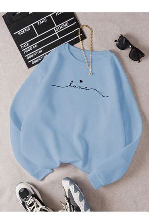 Love Yazı Sweatshirt - Bebe Mavisi Baskılı Oversize Kalın Kışlık Bisiklet Yaka