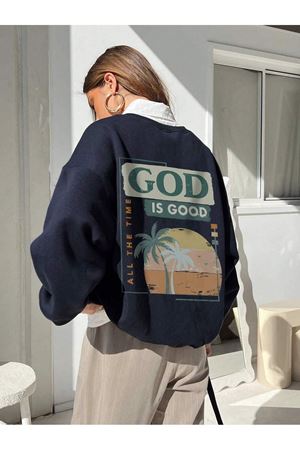 God Is Good Kışlık Kalın Sweatshirt - Lacivert Baskılı Oversize Kalın Kışlık Bisiklet Yaka