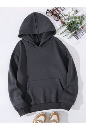 Düz Basic Kalın Kışlık Sweatshirt - Füme Oversize Kapüşonlu