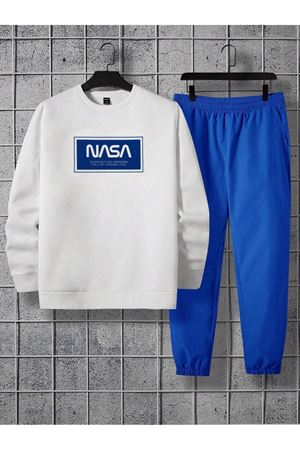 Nasa Unkown Eşofman Takımı Sweatshirt Jogger - Beyaz Sax Mavi Baskılı Şardonlu Bisiklet Yaka