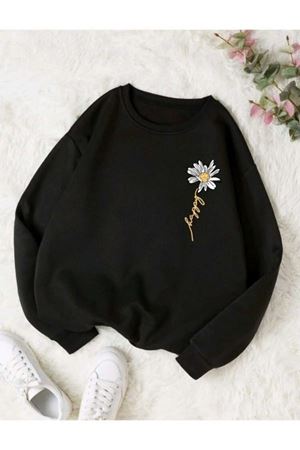 Çiçek Desen Sweatshirt - Siyah Baskılı Oversize Kalın Kışlık Bisiklet Yaka