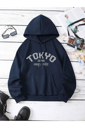 Tokyo Fuji Sweatshirt - Lacivert Baskılı Oversize Kapüşonlu