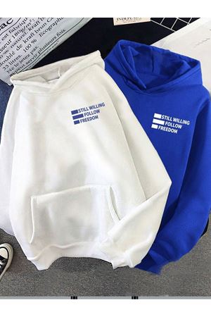 2'li Still Freedom Kalın Kışlık Sweatshirt - Beyaz Sax Mavi Baskılı Oversize Kapüşonlu