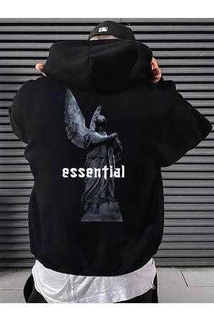Unisex Siyah Essential Baskılı Kapüşonlu Oversize Sweatshirt Hoodie