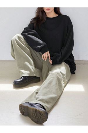 Düz Renk Sweatshirt - Siyah Oversize Kalın Kışlık Bisiklet Yaka