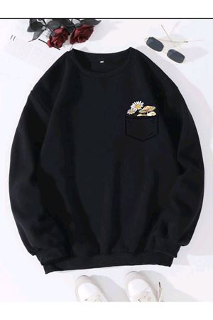 Cep Tasarım Papatya Desen Sweatshirt - Siyah Baskılı Oversize Kalın Kışlık Bisiklet Yaka