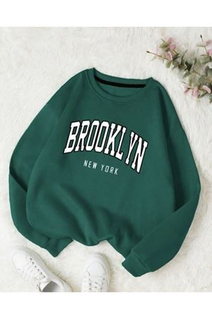 Brooklyn New York Sweatshirt - Nefti Yeşil Baskılı Oversize Kalın Kışlık Bisiklet Yaka