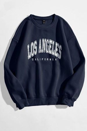 Los Angeles Yazı Tasarım Sweatshirt - Lacivert Baskılı Oversize Kalın Kışlık Bisiklet Yaka