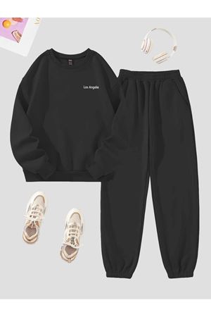 Los Angeles Minimal Eşofman Takımı Sweatshirt Jogger - Siyah Baskılı Oversize Şardonlu Bisiklet Yak