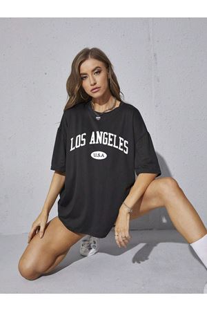 Los Angeles U.s.a T-shirt - Siyah Baskılı Oversize Bisiklet Yaka Kısa Kol Tişört